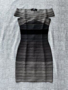 Herve Leger Ash (Grey) Ombre Off-Shoulder Dress XXS - Fall 2008 Holy Grail